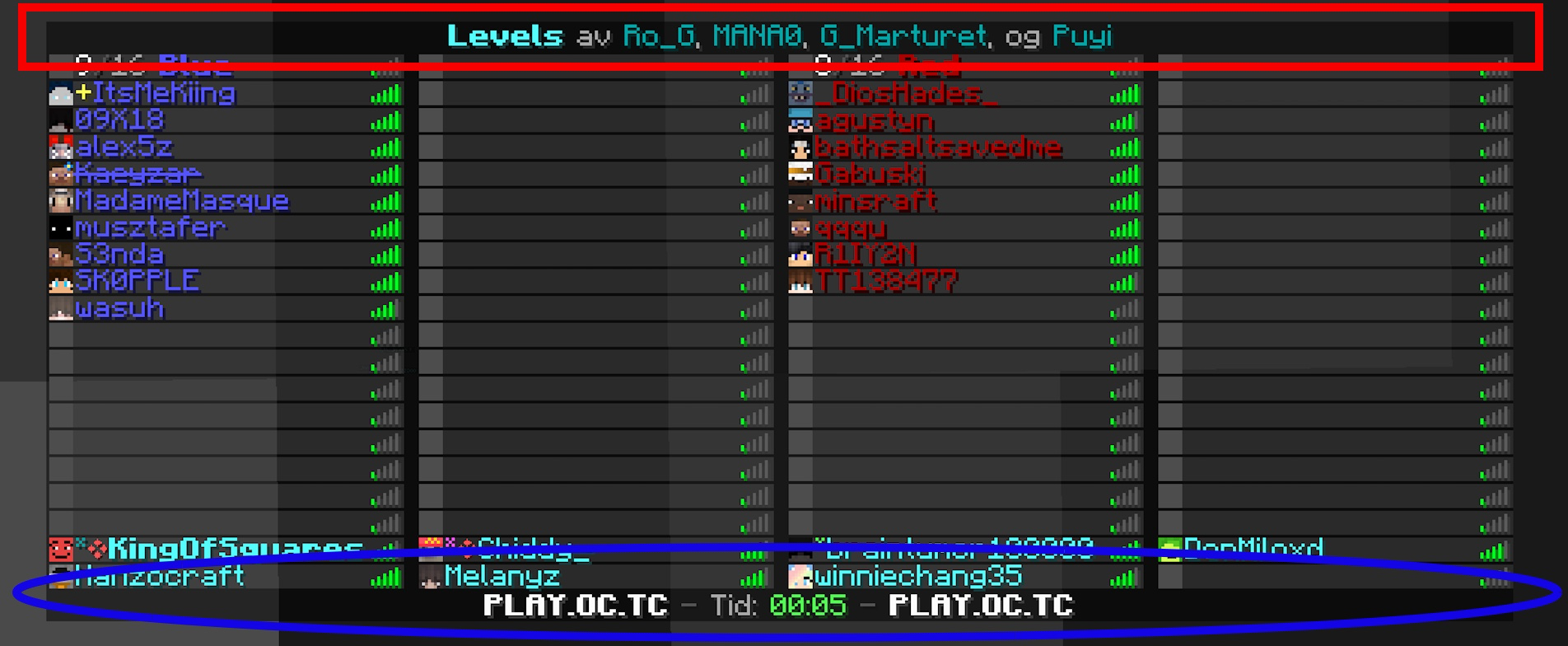 Image showing a tablist from a multiplayer server with the header and footer encased, shown through the vanilla Minecraft client